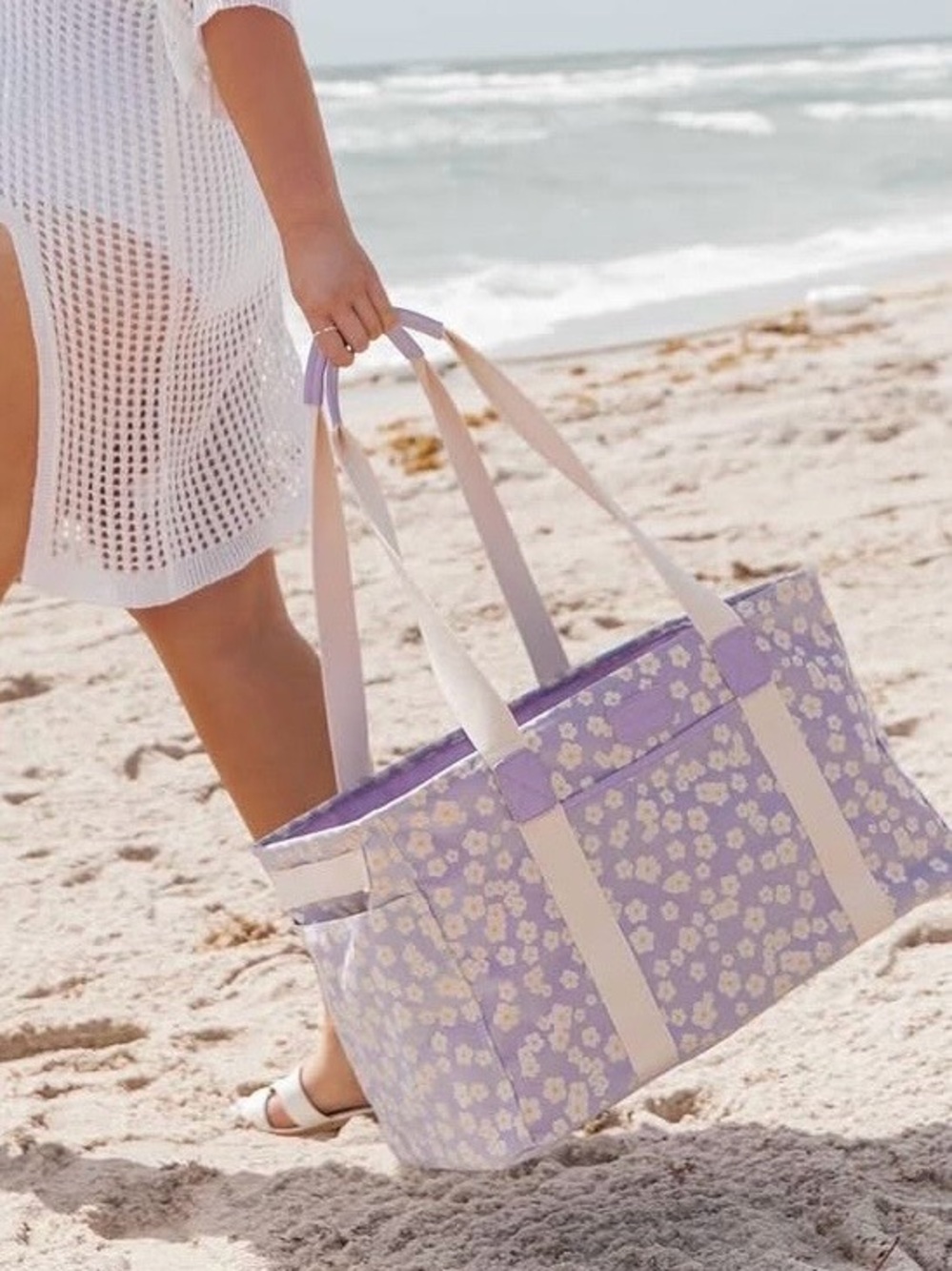 In search  of Lavender Floral Beach Tote Bag with Cream Straps